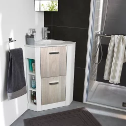 Castorama Ensemble L.46 Cm Waneta Meuble Sous Vasque D'angle Blanc Façade Bois à Poser + Plan Vasque D'angle Céramique Blanc