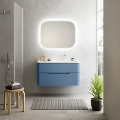 Castorama Ensemble Salle De Bains L. 104 Cm Meuble Sous Vasque Bleu Mat + Plan Vasque à Droite Blanc Mat Alba