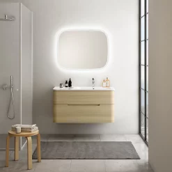 Castorama Ensemble Salle De Bains L. 104 Cm Meuble Sous Vasque Décor Bois Natuel + Plan Vasque à Droite Blanc Mat Alba