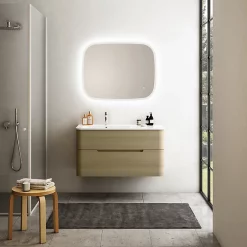 Castorama Ensemble Salle De Bains L. 104 Cm Meuble Sous Vasque Décor Bois Natuel + Plan Vasque à Gauche Blanc Brillant Alba