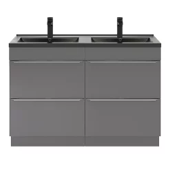 Castorama Ensemble Salle De Bains L.120 Cm Meuble à Poser Imandra Gris Brillant + Plan Double Vasque Céramique Noir