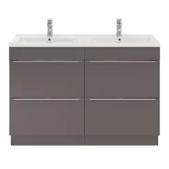 Castorama Ensemble Salle De Bains L.120 Cm Meuble à Poser Imandra Gris Taupe Brillant + Plan Double Vasque Céramique Blanc