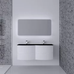 Castorama Ensemble Salle De Bains L.138 Cm Meuble Sous Vasque Blanc Brillant + Plan Double Vasque Verre Noir Mat Vague