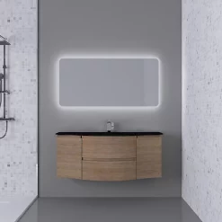 Castorama Ensemble Salle De Bains L.138 Cm Meuble Sous Vasque Effet Bois + Plan Vasque Central Verre Noir Mat Vague