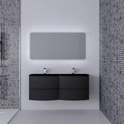 Castorama Ensemble Salle De Bains L.138 Cm Meuble Sous Vasque Graphite Mat + Plan Double Vasque Verre Noir Mat Vague