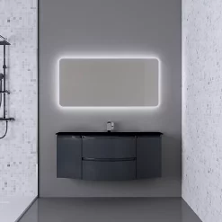 Castorama Ensemble Salle De Bains L.138 Cm Meuble Sous Vasque Gris Anthracite Brillant + Plan Vasque Central Verre Noir Mat Vague