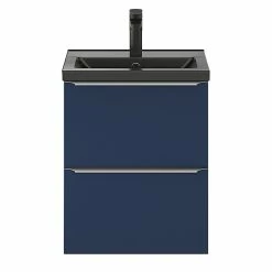 Castorama Ensemble Salle De Bains L.50 Cm Meuble à Suspendre Faible Profondeur Imandra Bleu Nuit Mat + Plan Vasque Porcelaine Noir