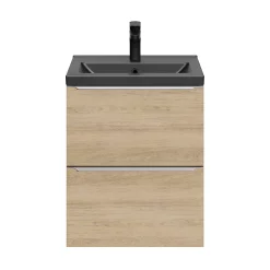 Castorama Ensemble Salle De Bains L.50 Cm Meuble à Suspendre Faible Profondeur Imandra Décor Chêne + Plan Vasque Porcelaine Noir