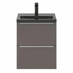 Castorama Ensemble Salle De Bains L.50 Cm Meuble à Suspendre Faible Profondeur Imandra Gris Taupe Brillant + Plan Vasque Nira Céramique Noir