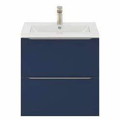 Castorama Ensemble Salle De Bains L.60 Cm Meuble à Suspendre Faible Profondeur Imandra Bleu Nuit Mat + Plan Vasque Nira Céramique Blanc