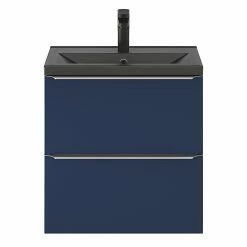 Castorama Ensemble Salle De Bains L.60 Cm Meuble à Suspendre Faible Profondeur Imandra Bleu Nuit Mat + Plan Vasque Nira Céramique Noir