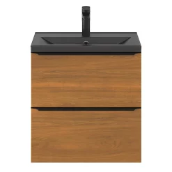 Castorama Ensemble Salle De Bains L.60 Cm Meuble à Suspendre Faible Profondeur Imandra Décor Noyer + Plan Vasque Céramique Noir