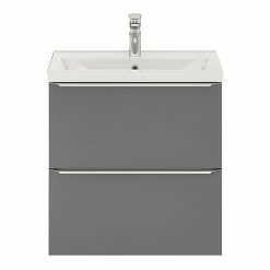 Castorama Ensemble Salle De Bains L.60 Cm Meuble à Suspendre Faible Profondeur Imandra Gris Brillant + Plan Vasque Porcelaine Blanc