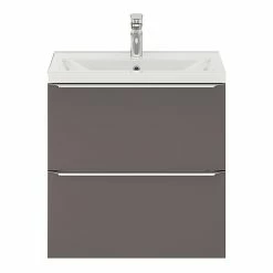 Castorama Ensemble Salle De Bains L.60 Cm Meuble à Suspendre Faible Profondeur Imandra Gris Taupe Brillant + Plan Vasque Résine Blanc