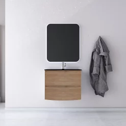 Castorama Ensemble Salle De Bains L.70 Cm Meuble Sous Vasque Effet Bois + Plan Vasque Verre Noir Mat Vague