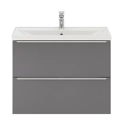 Castorama Ensemble Salle De Bains L.80 Cm Meuble à Suspendre Faible Profondeur Imandra Gris Brillant + Plan Vasque Porcelaine Blanc