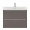 Castorama Ensemble Salle De Bains L.80 Cm Meuble à Suspendre Faible Profondeur Imandra Gris Taupe Brillant + Plan Vasque Porcelaine Blanc