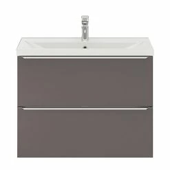 Castorama Ensemble Salle De Bains L.80 Cm Meuble à Suspendre Faible Profondeur Imandra Gris Taupe Brillant + Plan Vasque Porcelaine Blanc