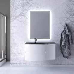 Castorama Ensemble Vague L.104 Cm Meuble Sous Vasque à Suspendre Blanc Brillant + Complément Droit + Plan Vasque Verre Noir Mat