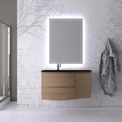 Castorama Ensemble Vague L.104 Cm Meuble Sous Vasque à Suspendre Décor Bois + Complément Droit + Plan Vasque Verre Noir Mat