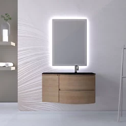 Castorama Ensemble Vague L.104 Cm Meuble Sous Vasque à Suspendre Décor Bois + Complément Gauche + Plan Vasque Verre Noir Mat