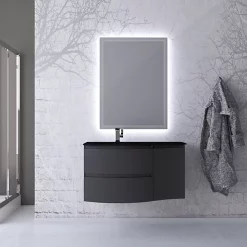 Castorama Ensemble Vague L.104 Cm Meuble Sous Vasque à Suspendre Gris Anthracite Brillant + Complément Droit + Plan Vasque Verre Noir Mat