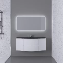 Castorama Ensemble Vague L.138 Cm Meuble Sous Vasque à Suspendre Blanc Mat + Plan Vasque Central Verre Noir Mat