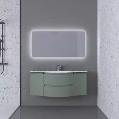 Castorama Ensemble Vague L.138 Cm Meuble Sous Vasque à Suspendre Kaki Mat + Plan Vasque Central Résine Blanc