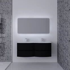 Castorama Ensemble Vague L.138 Cm Meuble Sous Vasque à Suspendre Noir Mat + Plan Double Vasque Verre Blanc