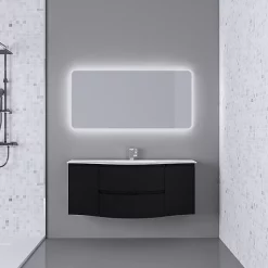 Castorama Ensemble Vague L.138 Cm Meuble Sous Vasque à Suspendre Noir Mat + Plan Vasque Central Résine Blanc