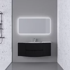 Castorama Ensemble Vague L.138 Cm Meuble Sous Vasque à Suspendre Noir Mat + Plan Vasque Central Verre Blanc