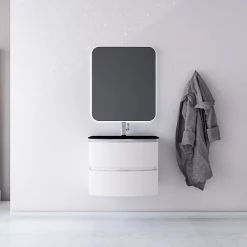 Castorama Ensemble Vague L.70 Cm Meuble Sous Vasque Blanc Mat à Suspendre + Plan Vasque Verre Noir Mat