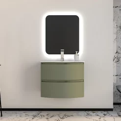 Castorama Ensemble Vague L.70 Cm Meuble Sous Vasque Kaki Mat + Plan Vasque Résine Blanc