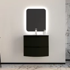 Castorama Ensemble Vague L.70 Cm Meuble Sous Vasque Noir Mat à Suspendre + Plan Vasque Verre Noir Mat