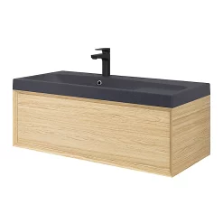 Castorama Meuble Sous Vasque 1 Tiroir à Suspendre GoodHome Avela Placage Chêne 100 Cm + Plan Vasque En Résine Noir Mila