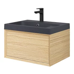 Castorama Meuble Sous Vasque 1 Tiroir à Suspendre GoodHome Avela Placage Chêne 60 Cm + Plan Vasque En Résine Noir Mila