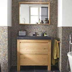 Castorama Meuble Sous Vasque à Poser Harmon Chêne Massif 90 Cm + Plan Vasque En Résine Noir