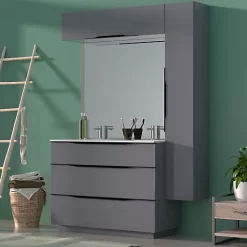 Castorama Meuble Sous Vasque à Poser Pamili Gris Anthracite Brillant 120 Cm + Plan Double Vasque En Résine Blanc
