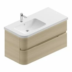 Castorama Meuble Sous Vasque à Suspendre Cooke & Lewis Voluto Décor Chêne Clair 108 Cm + Plan Vasque En Résine Blanc Version Gauche