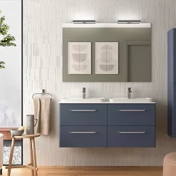 Castorama Meuble Sous Vasque à Suspendre Cygnus Bath Teha L. 120 Cm Bleu Nuit + Plan Double Vasque Semi-encastré Résine Blanc