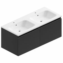 Castorama Meuble Sous Vasque à Suspendre Pura Noir 120 Cm + Plan Double Vasque En Résine Blanc Mat