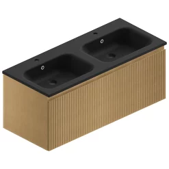 Castorama Meuble Sous Vasque à Suspendre Pura Placage Chêne Clair Strié 120 Cm + Plan Double Vasque En Résine Noir Mat