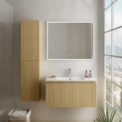 Castorama Meuble Sous Vasque à Suspendre Pura Placage Chêne Clair Strié 90 Cm + Plan Vasque En Résine Blanc Mat