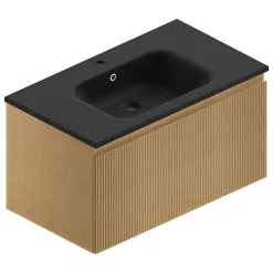 Castorama Meuble Sous Vasque à Suspendre Pura Placage Chêne Clair Strié 90 Cm + Plan Vasque En Résine Noir Mat