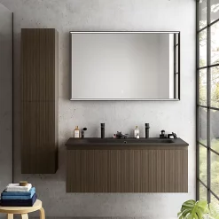 Castorama Meuble Sous Vasque à Suspendre Pura Placage Noyer Strié 120 Cm + Plan Vasque En Résine Noir Mat