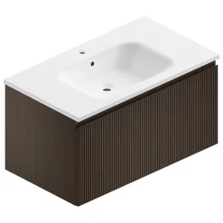 Castorama Meuble Sous Vasque à Suspendre Pura Placage Noyer Strié 90 Cm + Plan Vasque En Résine Blanc Brillant