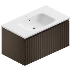 Castorama Meuble Sous Vasque à Suspendre Pura Placage Noyer Strié 90 Cm + Plan Vasque En Résine Blanc Mat