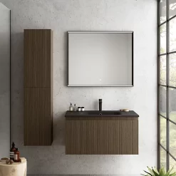 Castorama Meuble Sous Vasque à Suspendre Pura Placage Noyer Strié 90 Cm + Plan Vasque En Résine Noir Mat