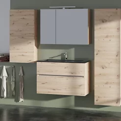 Castorama Meuble Sous-vasque Faible Profondeur à Suspendre Calao Aspect Chêne Artisan 90 Cm + Plan Vasque En Résine Noir