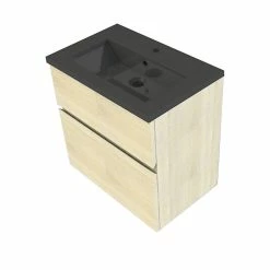 Castorama Meuble Sous Vasque Faible Profondeur à Suspendre Calao Aspect Chêne Naturel 60 Cm + Plan Vasque En Résine Noir